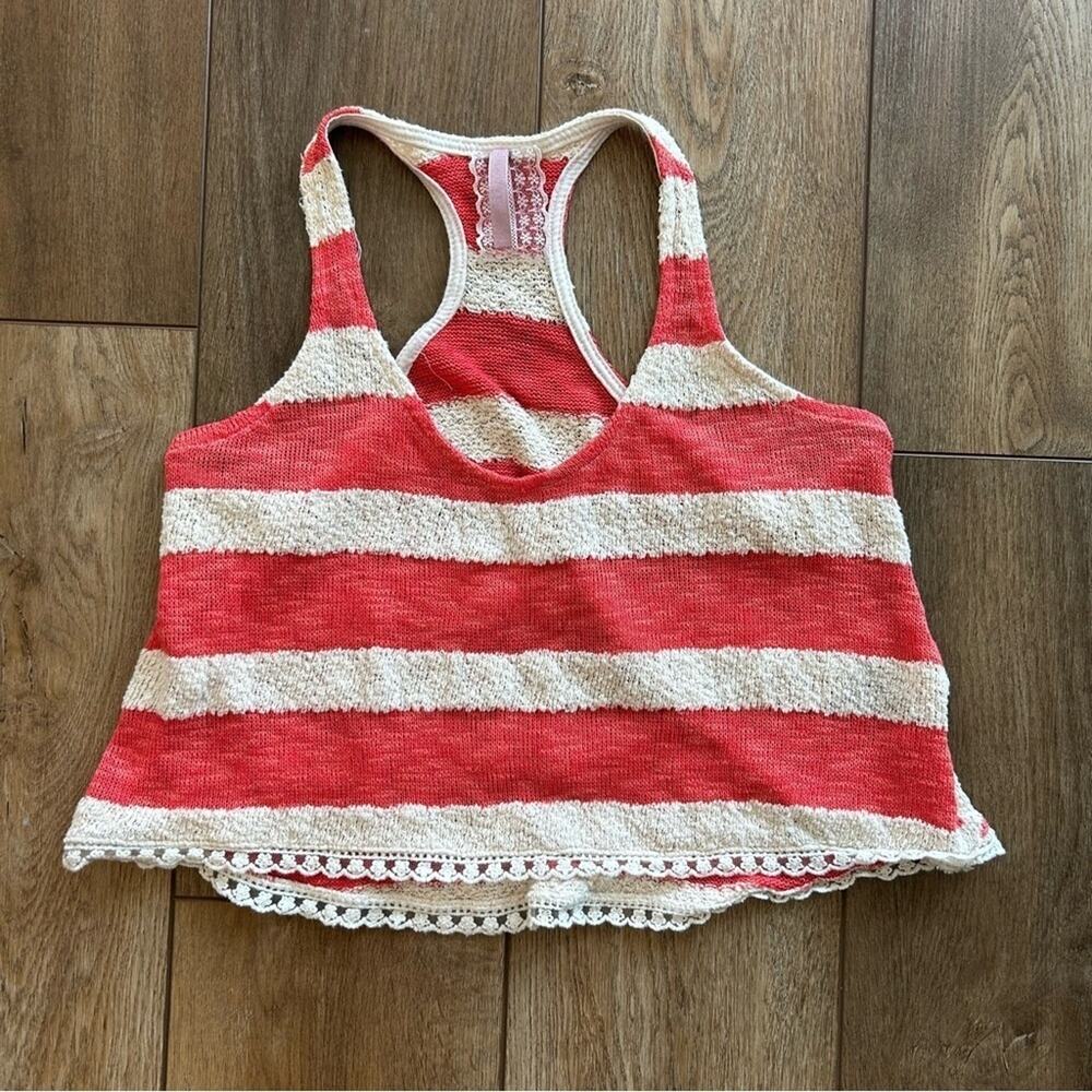 Mauve Coral and Cream Striped Knit Racerback Tank Top Cropped Lightweight Small